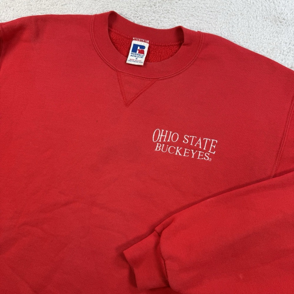 Vintage Ohio State Buckeyes Pullover Mens Medium Red Fleece Russell Athletic USA